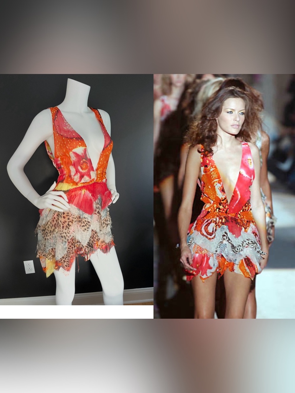 Roberto Cavalli S/S 2002 Finale Orange Leo Exotic Print Layered  Mini Dress S